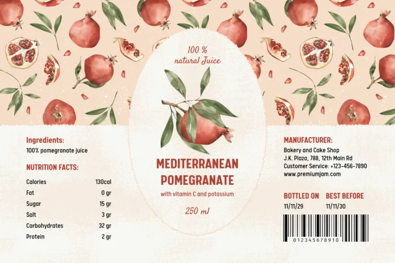 Cream and Beige Watercolor Illustrated Pomegranate Juice Product Label